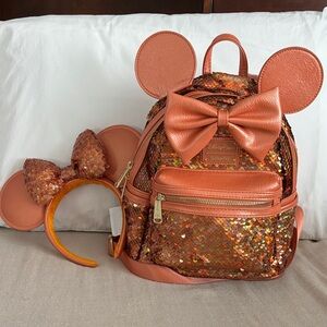 Loungefly Disney Parks Copper Sequin Mini Backpack and Headband Set